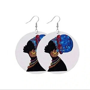 Blue Circle Ethnic Women’s Ladies Large Wood Wooden Drop Earrings NWT